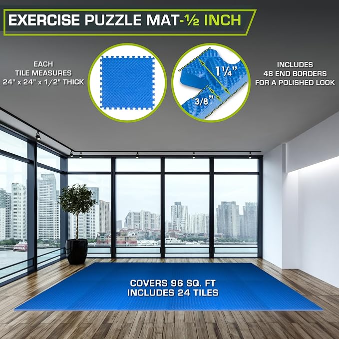 ProsourceFit Exercise Puzzle Mat ½-inch, EVA Interlocking Foam Floor Tiles for Home Gym, Workout Equipment, Kids Play Areas, Blue, 96 SQ FT - 24 Tiles