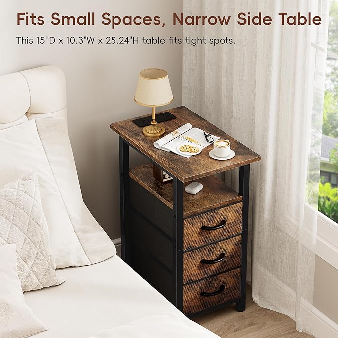 Vagusicc Nightstand with Charging Station and LED Lights, Narrow End Table, LED Night Stand with 3 Fabric Drawers for Bedroom, Small Bedside Table, Narrow Side Table for Small Spaces, Rustic Brown