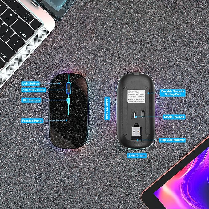 AIKOKOK Wireless Bluetooth Mouse, Rechargeable, Dual Mode Bluetooth 5.2 & 2.4G USB, LED Lights, Slim, Silent, Portable Computer Mouse for Laptop, PC, MacBook, iPad, Tablet (Pearl Black)