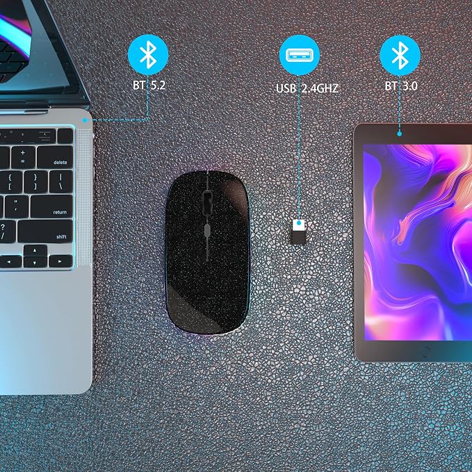 AIKOKOK Wireless Bluetooth Mouse, Rechargeable, Dual Mode Bluetooth 5.2 & 2.4G USB, LED Lights, Slim, Silent, Portable Computer Mouse for Laptop, PC, MacBook, iPad, Tablet (Bright Black)