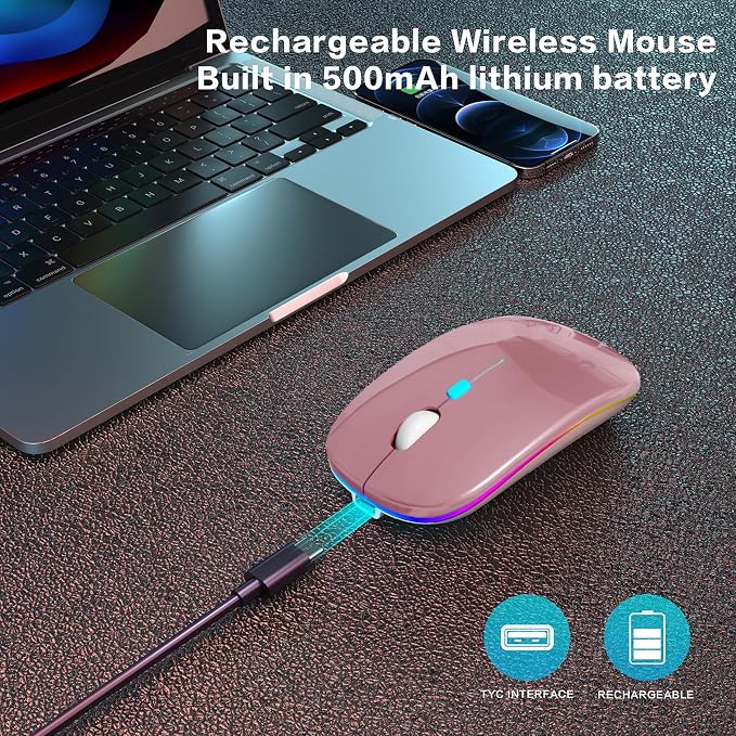 AIKOKOK Wireless Bluetooth Mouse, Rechargeable, Dual Mode Bluetooth 5.2 & 2.4G USB, LED Lights, Slim, Silent, Portable Computer Mouse for Laptop, PC, MacBook, iPad, Tablet (Rose Gold)