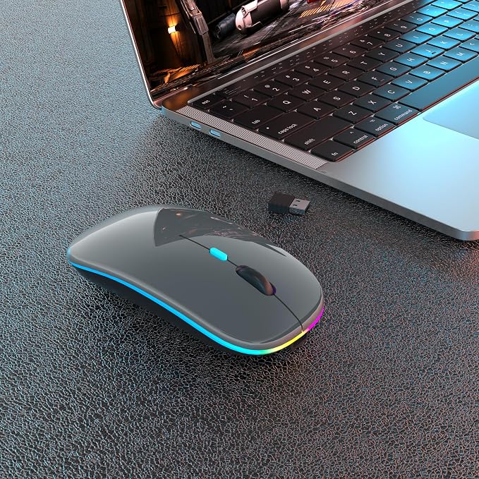 AIKOKOK Wireless Bluetooth Mouse, Rechargeable, Dual Mode Bluetooth 5.2 & 2.4G USB, LED Lights, Slim, Silent, Portable Computer Mouse for Laptop, PC, MacBook, iPad, Tablet (Grey)