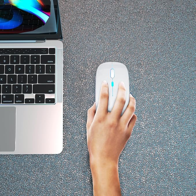 AIKOKOK Wireless Bluetooth Mouse, Rechargeable, Dual Mode Bluetooth 5.2 & 2.4G USB, LED Lights, Slim, Silent, Portable Computer Mouse for Laptop, PC, MacBook, iPad, Tablet (Silver)