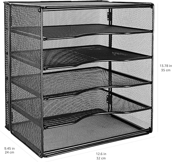Amazon Basics 5-Tier Mesh Desk Organizer, File Holder, Paper Sorter for Office Supplies, Mail, Documents, 13.6 x 9.5 x 12.8 inches, Black