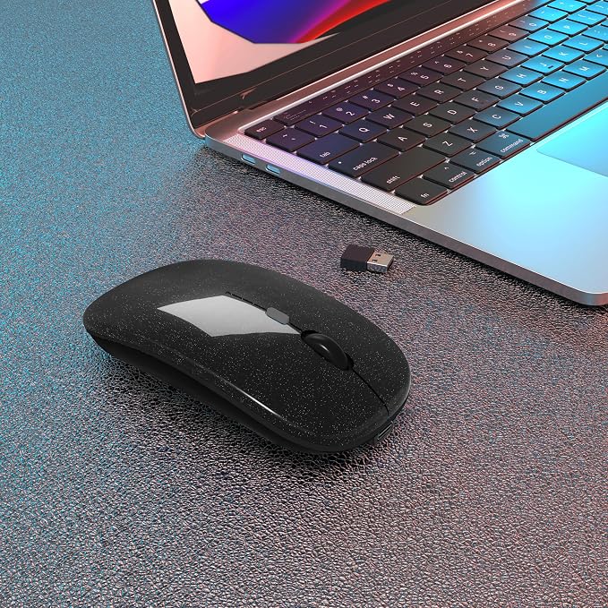 AIKOKOK Wireless Bluetooth Mouse, Rechargeable, Dual Mode Bluetooth 5.2 & 2.4G USB, LED Lights, Slim, Silent, Portable Computer Mouse for Laptop, PC, MacBook, iPad, Tablet (Bright Black)