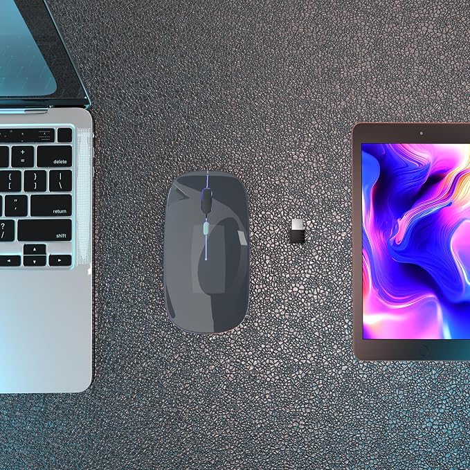 AIKOKOK Wireless Bluetooth Mouse, Rechargeable, Dual Mode Bluetooth 5.2 & 2.4G USB, LED Lights, Slim, Silent, Portable Computer Mouse for Laptop, PC, MacBook, iPad, Tablet (Grey)