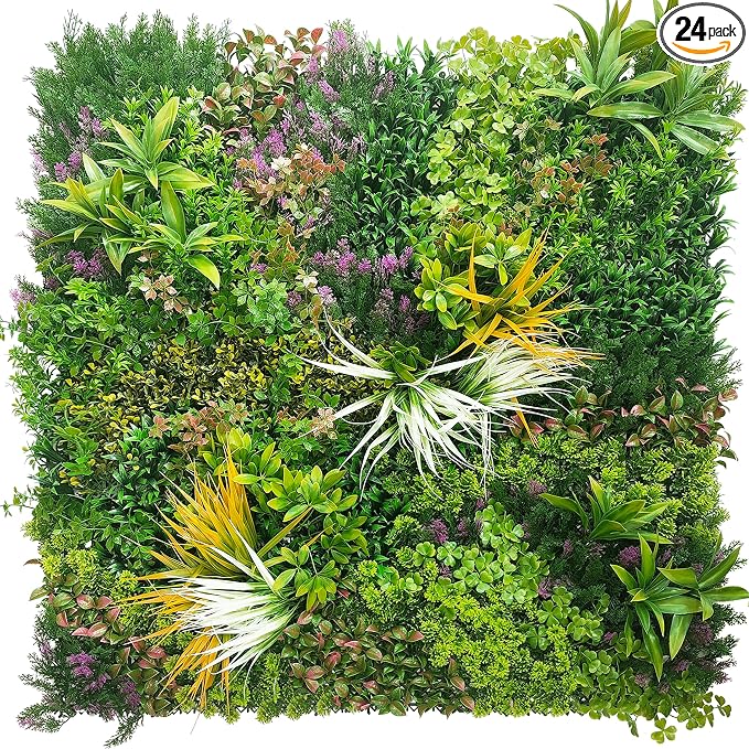 ODTORY Artificial Greenery Grass Wall Panels: 20"x 20" 24P UV-Anti Faux Ivy Privacy Fence Screen Backdrop Boxwood Vine Leaf Hedges for Patio, Balcony, Garden, Backyard Green Decor