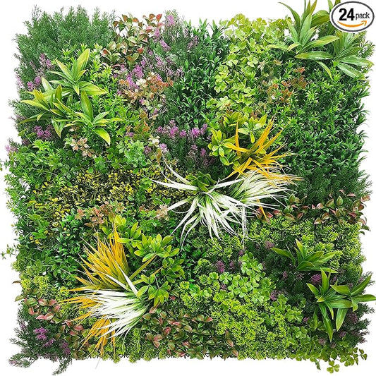 ODTORY Artificial Greenery Grass Wall Panels: 20"x 20" 24P UV-Anti Faux Ivy Privacy Fence Screen Backdrop Boxwood Vine Leaf Hedges for Patio, Balcony, Garden, Backyard Green Decor