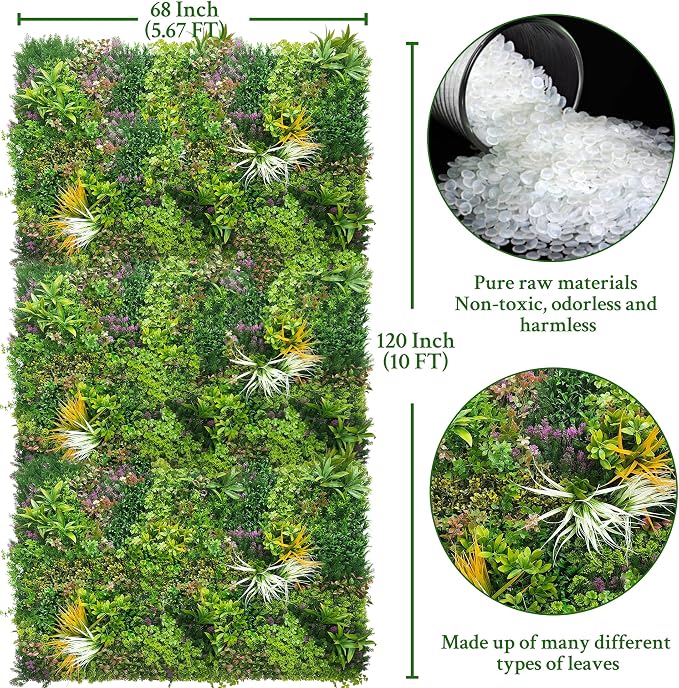 ODTORY Artificial Greenery Grass Wall Panels: 68'' x 120'' UV-Anti Faux Greenery Ivy Privacy Fence Screen Backdrop Boxwood Vine Leaf Hedges for Patio, Balcony, Garden, Green Decor