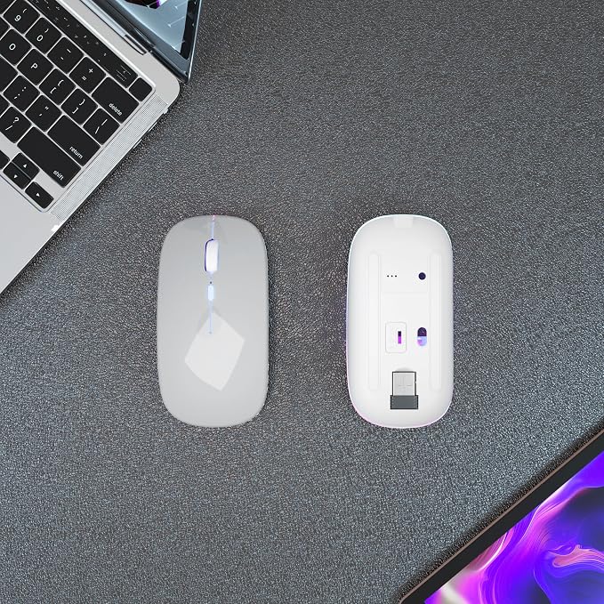 AIKOKOK Wireless Bluetooth Mouse, Rechargeable, Dual Mode Bluetooth 5.2 & 2.4G USB, LED Lights, Slim, Silent, Portable Computer Mouse for Laptop, PC, MacBook, iPad, Tablet (Silver)