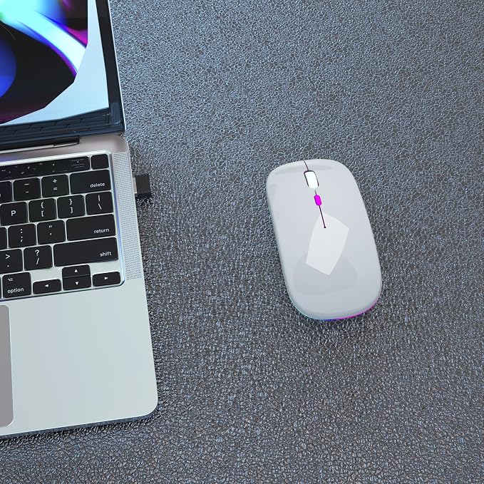 AIKOKOK Wireless Bluetooth Mouse, Rechargeable, Dual Mode Bluetooth 5.2 & 2.4G USB, LED Lights, Slim, Silent, Portable Computer Mouse for Laptop, PC, MacBook, iPad, Tablet (Silver)