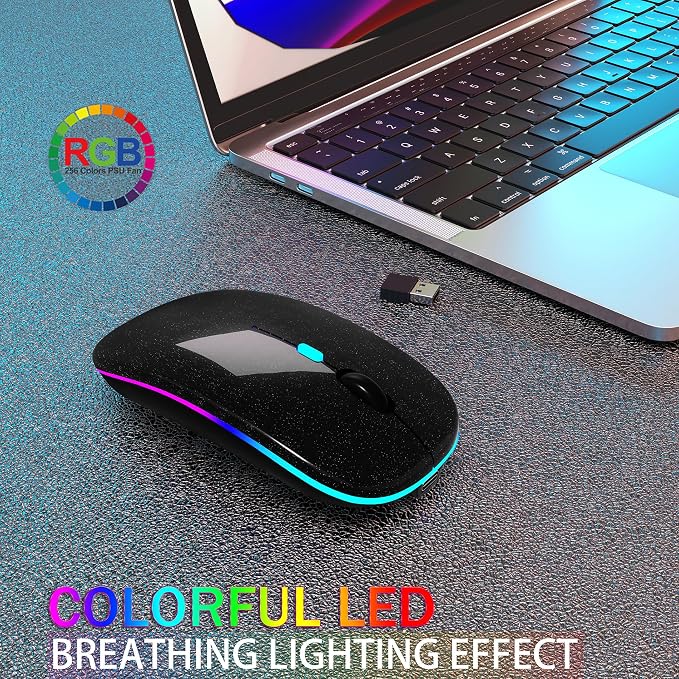 AIKOKOK Wireless Bluetooth Mouse, Rechargeable, Dual Mode Bluetooth 5.2 & 2.4G USB, LED Lights, Slim, Silent, Portable Computer Mouse for Laptop, PC, MacBook, iPad, Tablet (Pearl Black)