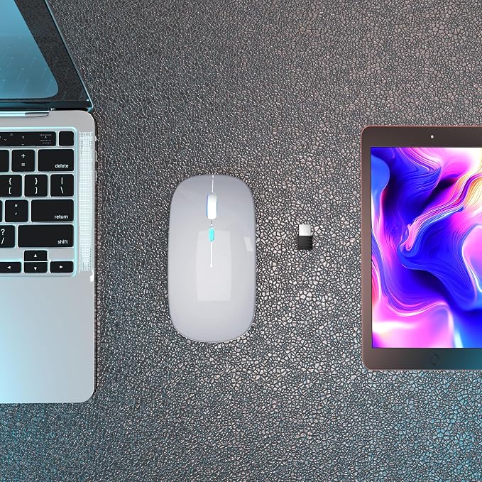AIKOKOK Wireless Bluetooth Mouse, Rechargeable, Dual Mode Bluetooth 5.2 & 2.4G USB, LED Lights, Slim, Silent, Portable Computer Mouse for Laptop, PC, MacBook, iPad, Tablet (Silver)