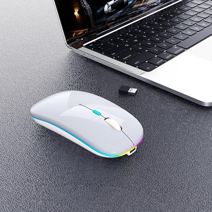 AIKOKOK Wireless Bluetooth Mouse, Rechargeable, Dual Mode Bluetooth 5.2 & 2.4G USB, LED Lights, Slim, Silent, Portable Computer Mouse for Laptop, PC, MacBook, iPad, Tablet (Silver)