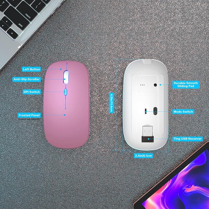 AIKOKOK Wireless Bluetooth Mouse, Rechargeable, Dual Mode Bluetooth 5.2 & 2.4G USB, LED Lights, Slim, Silent, Portable Computer Mouse for Laptop, PC, MacBook, iPad, Tablet (Rose Gold)