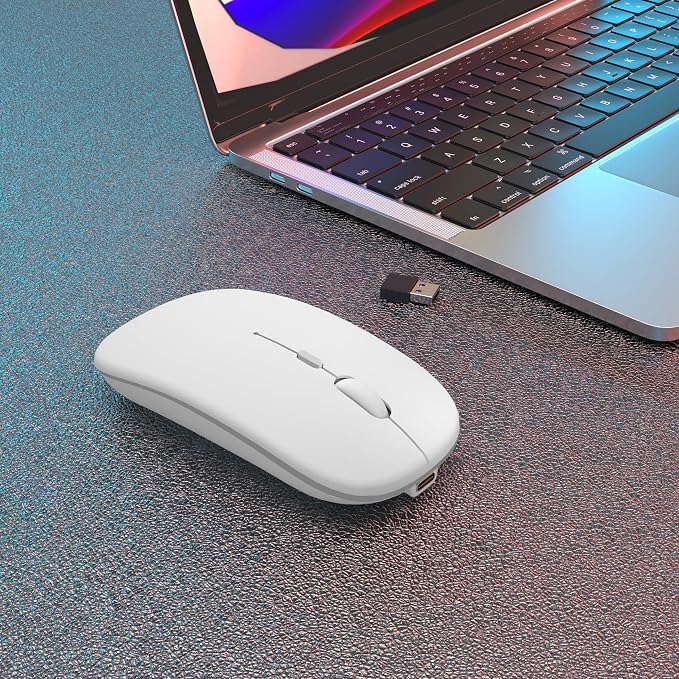AIKOKOK Wireless Bluetooth Mouse, Rechargeable, Dual Mode Bluetooth 5.2 & 2.4G USB, LED Lights, Slim, Silent, Portable Computer Mouse for Laptop, PC, MacBook, iPad, Tablet (Bright White)