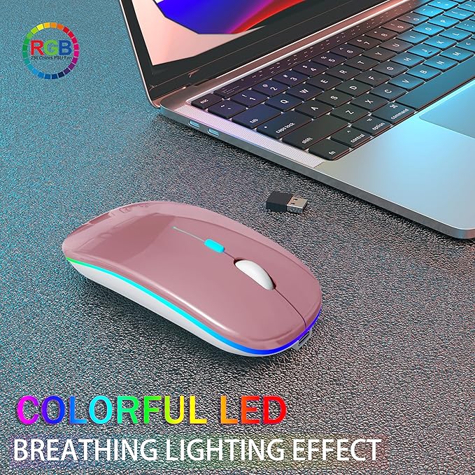 AIKOKOK Wireless Bluetooth Mouse, Rechargeable, Dual Mode Bluetooth 5.2 & 2.4G USB, LED Lights, Slim, Silent, Portable Computer Mouse for Laptop, PC, MacBook, iPad, Tablet (Rose Gold)