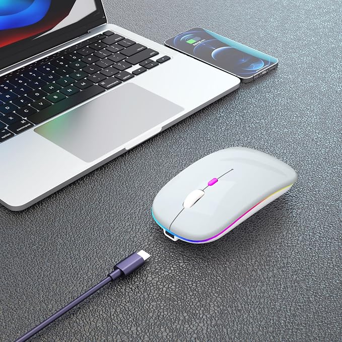 AIKOKOK Wireless Bluetooth Mouse, Rechargeable, Dual Mode Bluetooth 5.2 & 2.4G USB, LED Lights, Slim, Silent, Portable Computer Mouse for Laptop, PC, MacBook, iPad, Tablet (Silver)