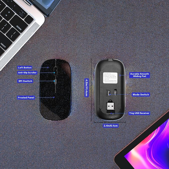 AIKOKOK Wireless Bluetooth Mouse, Rechargeable, Dual Mode Bluetooth 5.2 & 2.4G USB, LED Lights, Slim, Silent, Portable Computer Mouse for Laptop, PC, MacBook, iPad, Tablet (Bright Black)